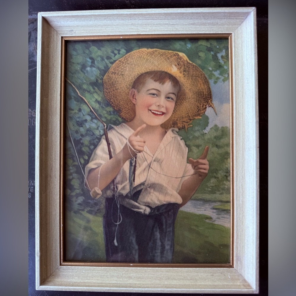 Vintage Boy Fishing Art Print in Wooden Frame Rustic Decor. Old Americana.